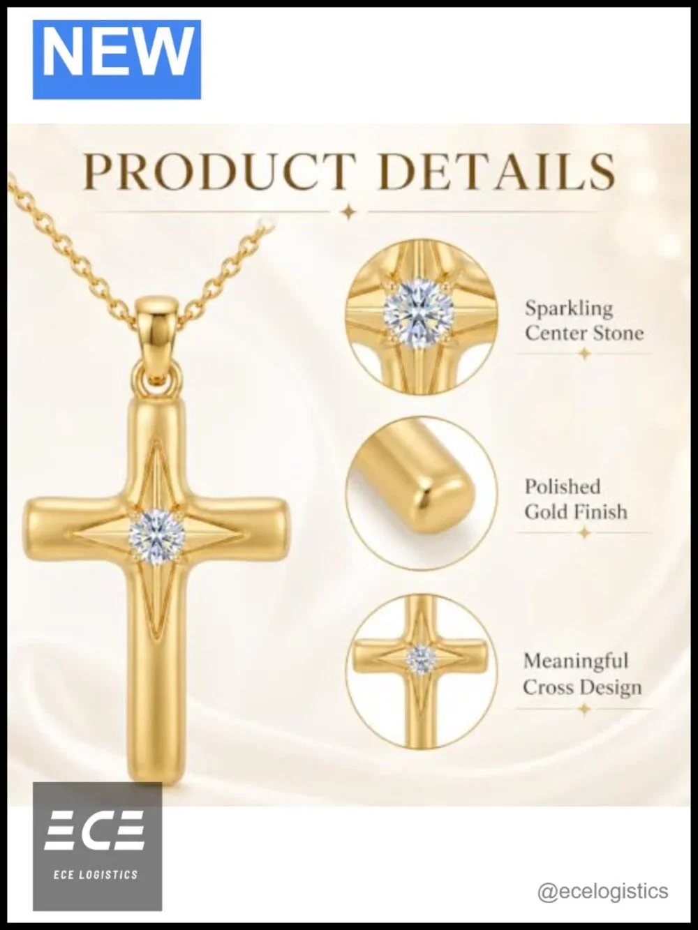 Compass Cross Pendant Necklace Gold Plated Brass Crystal 18 Inch